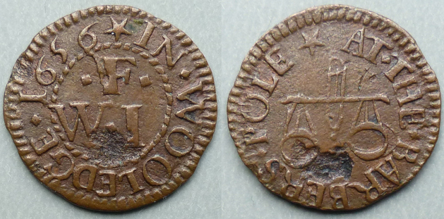 Woolwich, W F (I) AT THE BARBERS POLE 1656 farthing Woolwich, W F (I) AT THE BARBERS POLE 1656 farthing